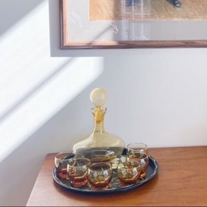 Mid century Amber Decanter with 6 Coupes